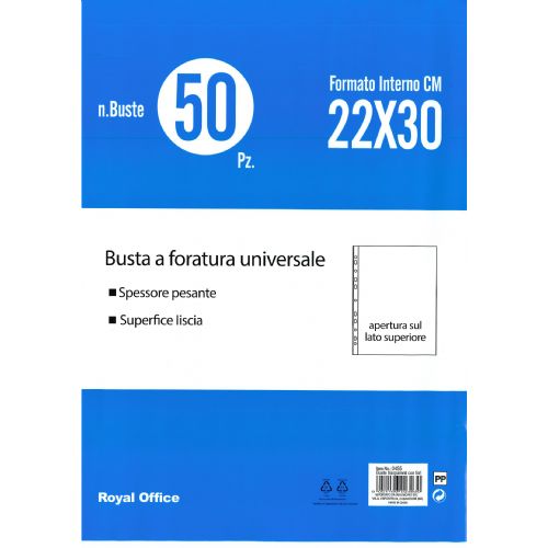 BUSTE 22X30 FORATE TRASPARENTI 150MY ROYAL OFFICE 10 CONFEZIONI DA 50PZ (500PZ) Foto prodotto